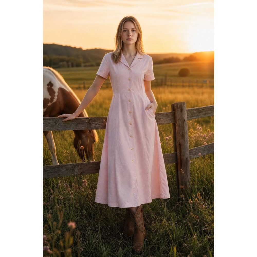 Natural‎ Expressions Pink Tencel Cotton Button Front Maxi Dress Womens 14 60404